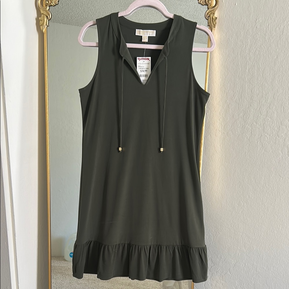 Micheal Kors Sleeveless Dark Green Dress with Ruffle Hem